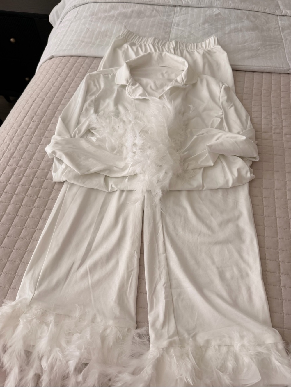 White Feather Trim Pajama Set